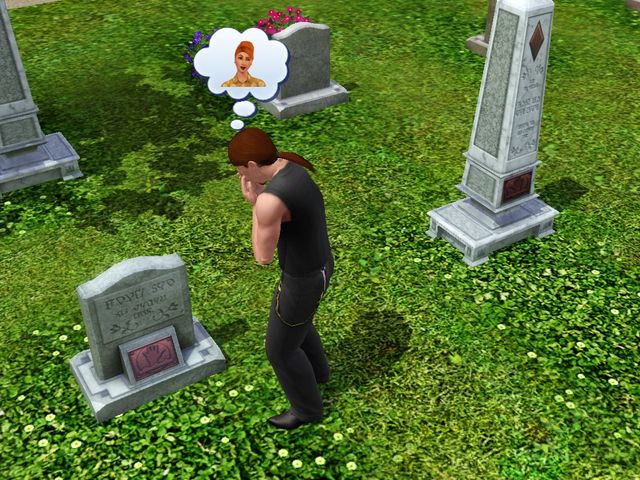 Kuva 3. Surua edesmenneen pelihahmon haudalla, The Sims 4.